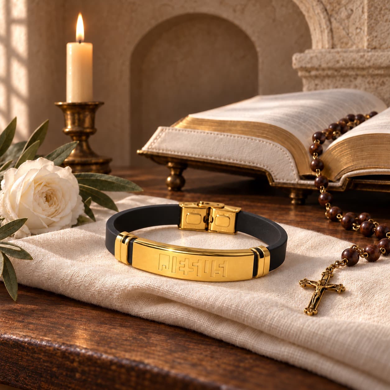 Gold bracelet resting on linen beside a rosary, candle, and open Bible