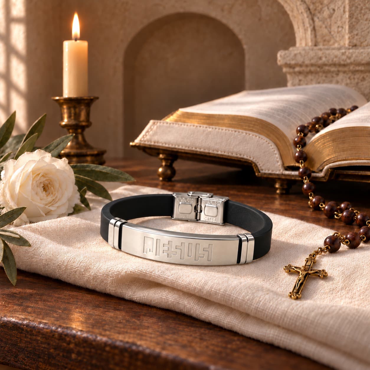 Silver bracelet resting on linen beside a rosary, candle, and open Bible
