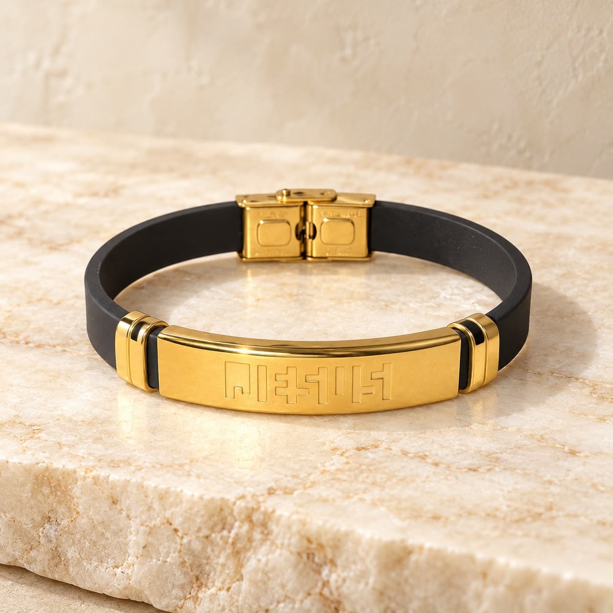 Gold Behold Your Faith bracelet on travertine stone