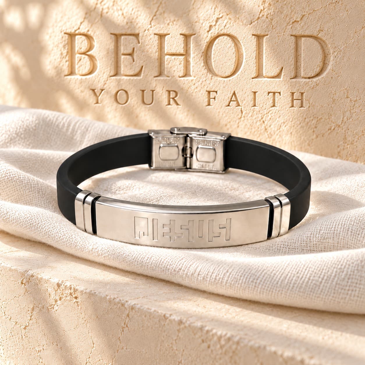 Silver Behold Your Faith bracelet beneath the Behold Your Faith stone arch
